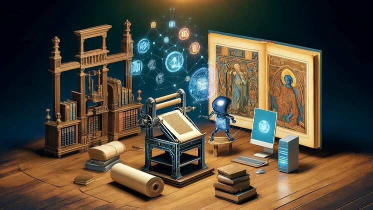 A widescreen scene where ancient and modern elements meet. The setting includes an early Gutenberg press, surrounded by ancient books and scrolls.