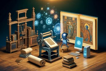 A widescreen scene where ancient and modern elements meet. The setting includes an early Gutenberg press, surrounded by ancient books and scrolls.